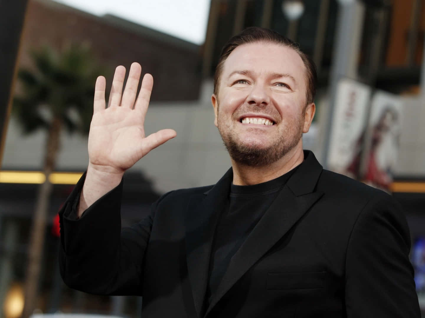 Ricky Gervais, black suit, city street, HD Desktop Wallpaper