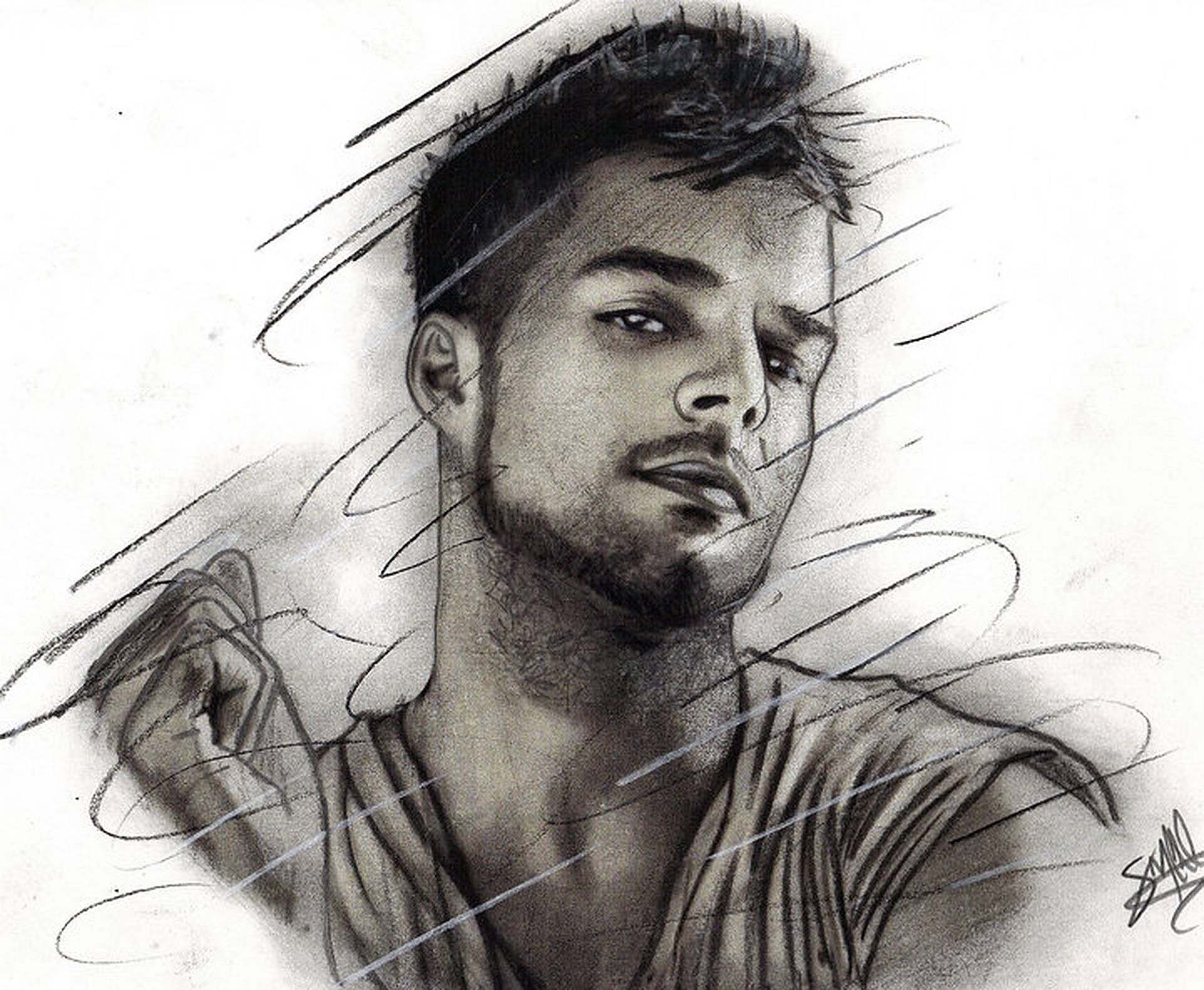 Ricky Martin, charcoal sketch, intense gaze, Full HD Desktop Wallpaper