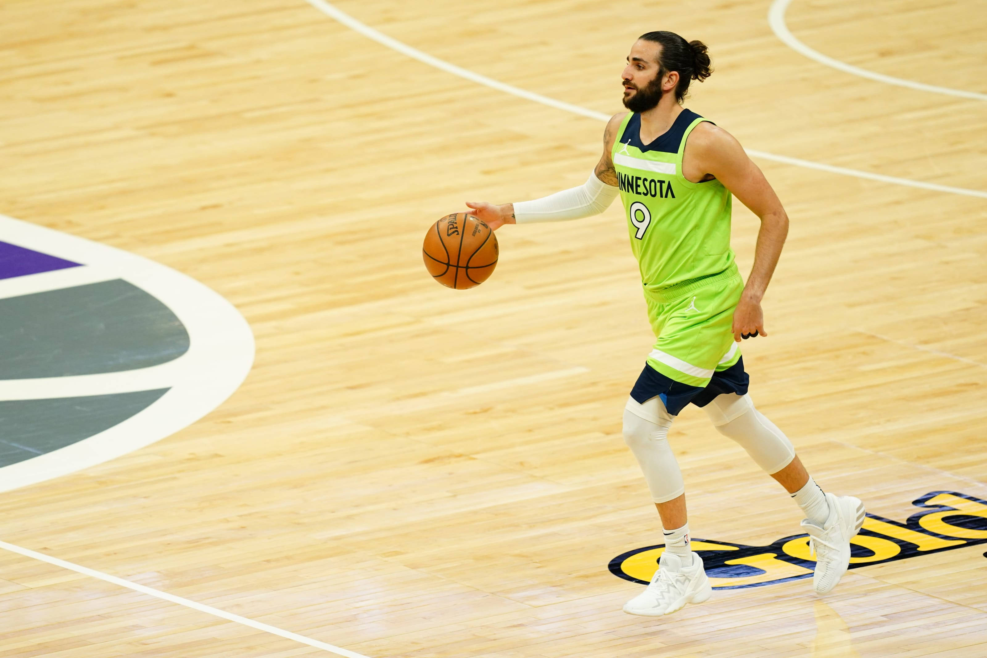 Ricky Rubio, neon green Minnesota jersey, polished wooden court, 2K Desktop Wallpaper