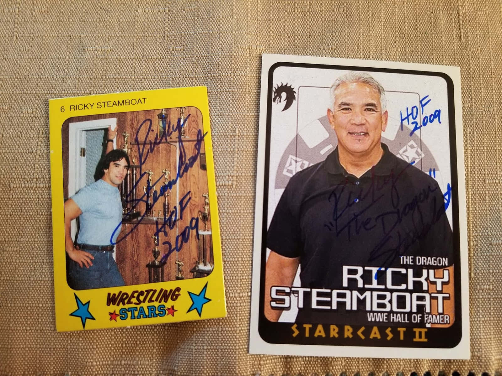 Ricky Steamboat, signed rare cards, textured beige fabric surface, HD Desktop Wallpaper
