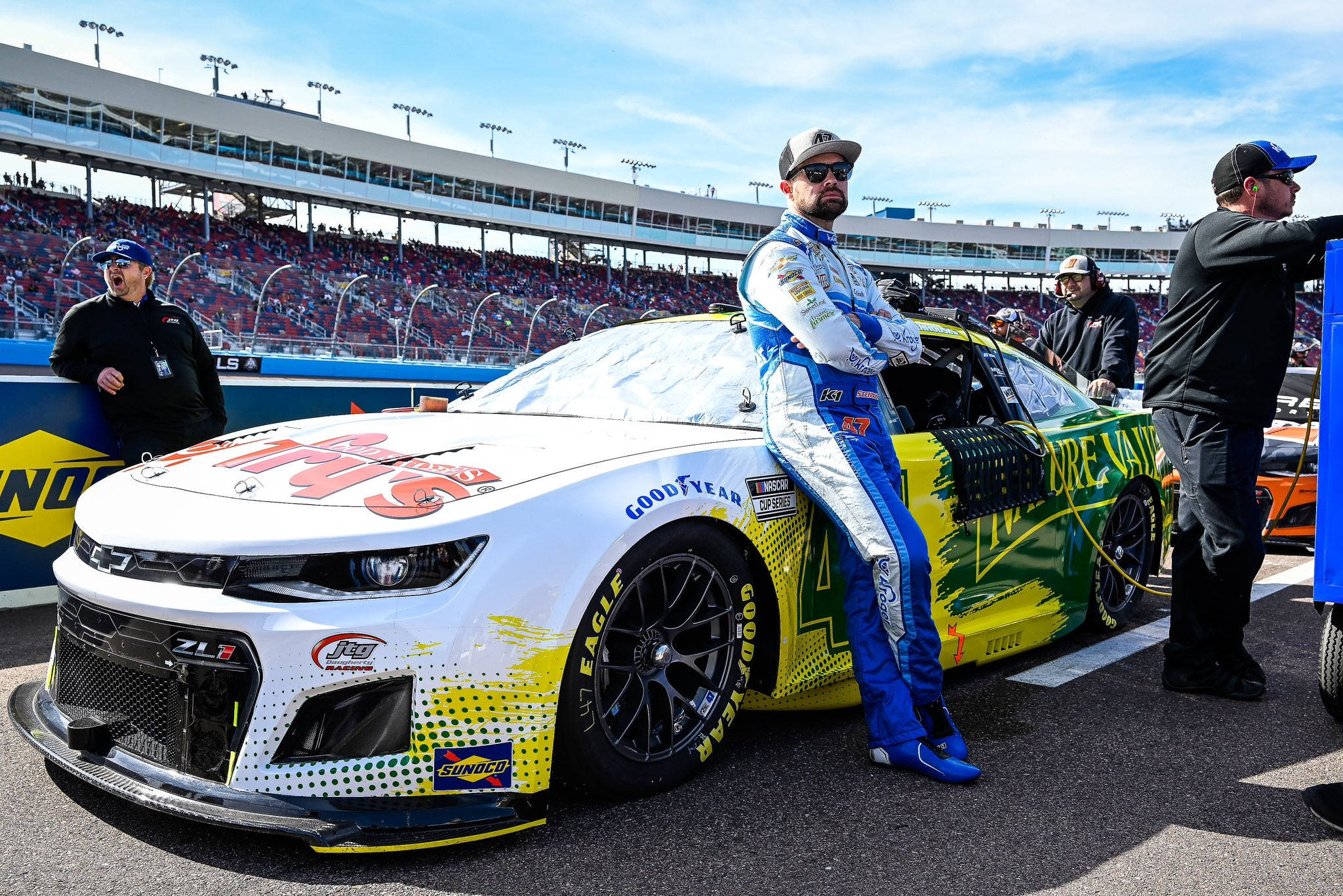 Ricky Stenhouse Jr, blue and white racing suit, vibrant yellow and green race car, Full HD Desktop Wallpaper