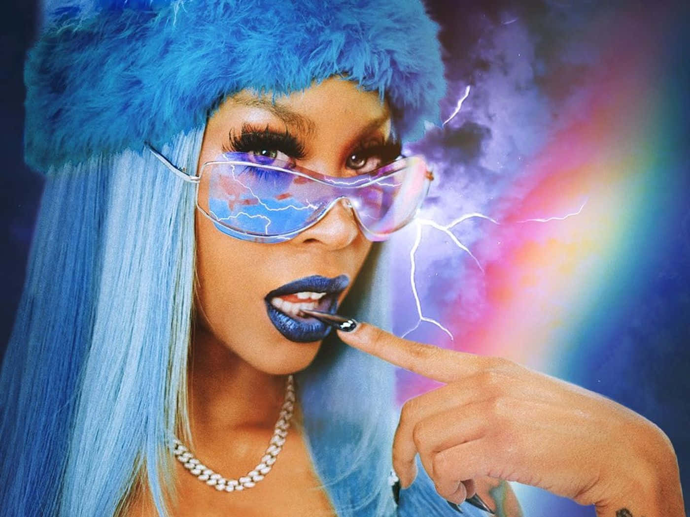 Rico Nasty, blue hair, fur hat, HD Desktop Wallpaper