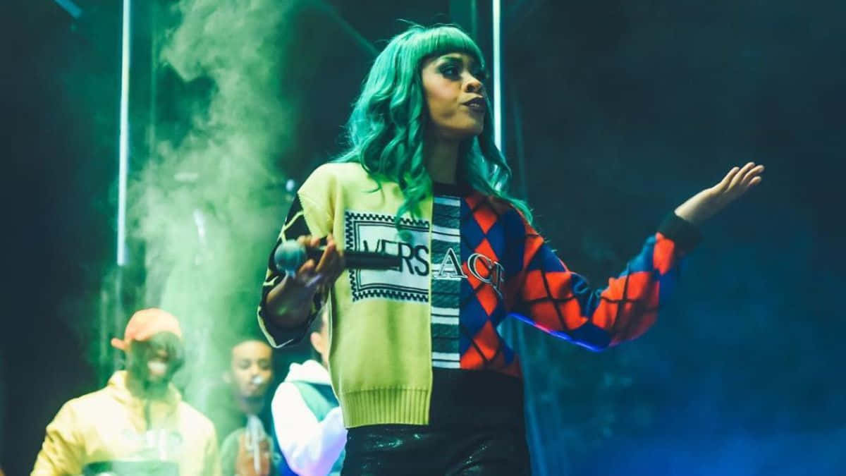 Rico Nasty, vibrant green hair, neon lights, SD Desktop Wallpaper