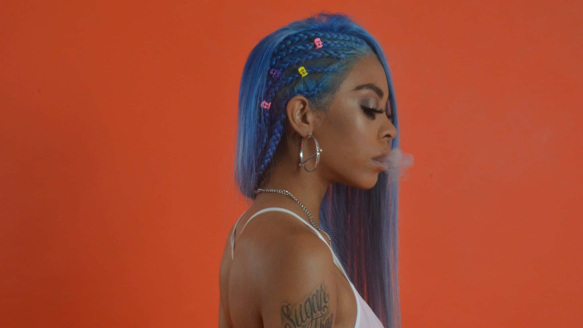 Rico Nasty, vibrant blue braided hair, colorful clips, Full HD Desktop Wallpaper
