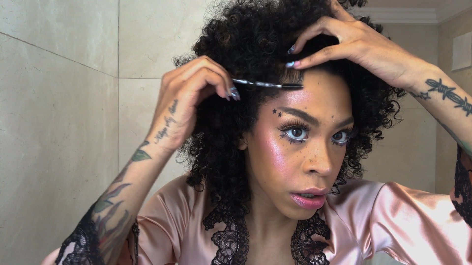 Rico Nasty, satin robe, curly hair, Full HD Desktop Wallpaper