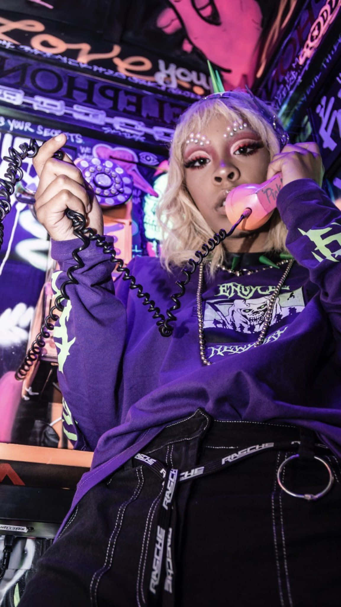 Rico Nasty, purple room, pink rotary phone, Full HD Phone Wallpaper