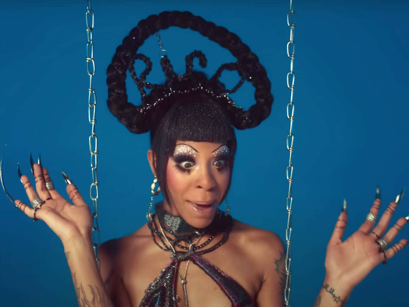 Rico Nasty, glittery makeup, ornate braided headpiece, HD Desktop Wallpaper