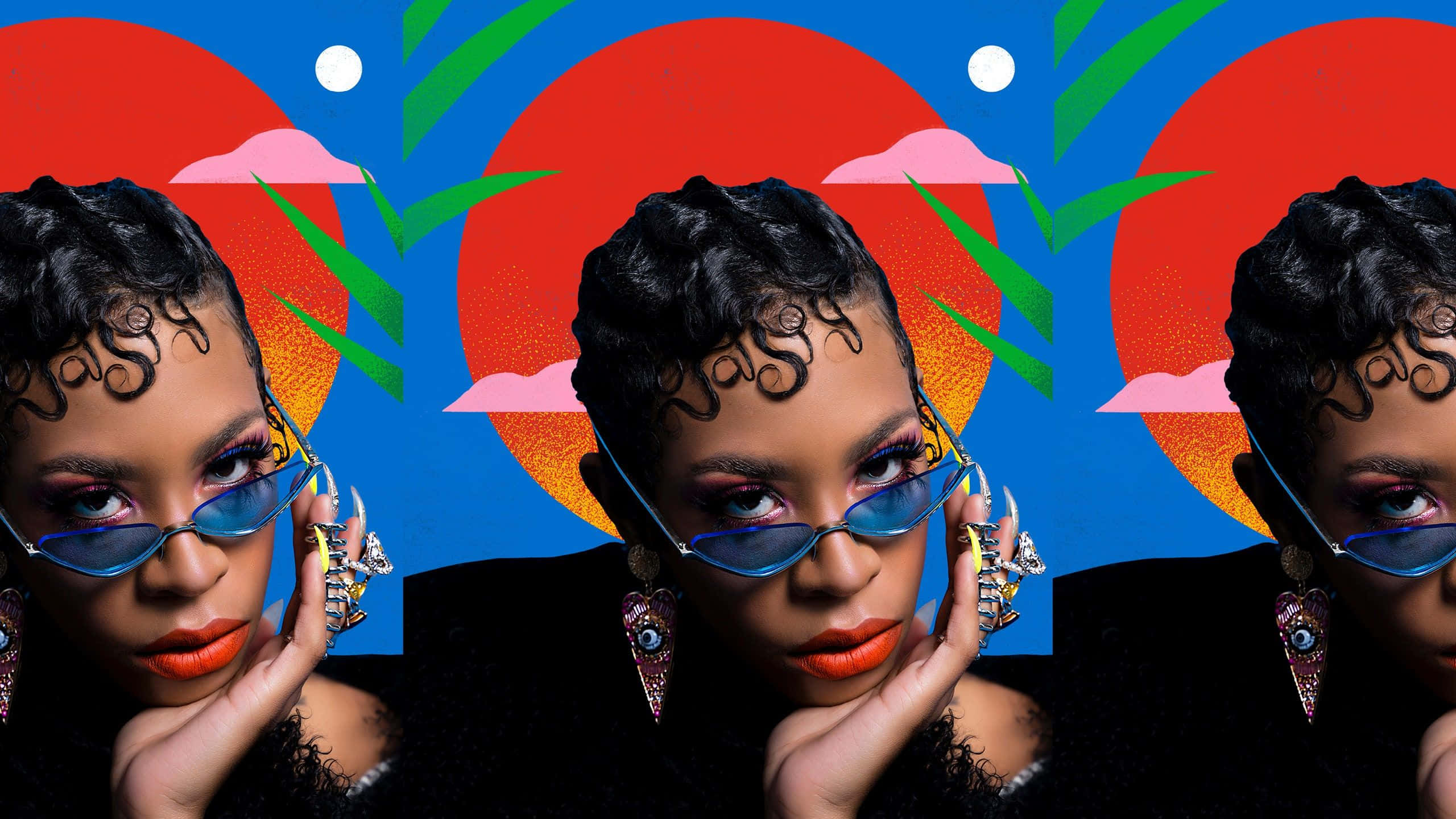 Rico Nasty, blue sunglasses, vibrant pop-art background, 2K Desktop Wallpaper