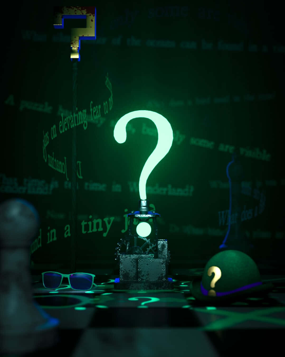 glowing green question mark, chessboard, puzzle pieces, HD Phone Wallpaper