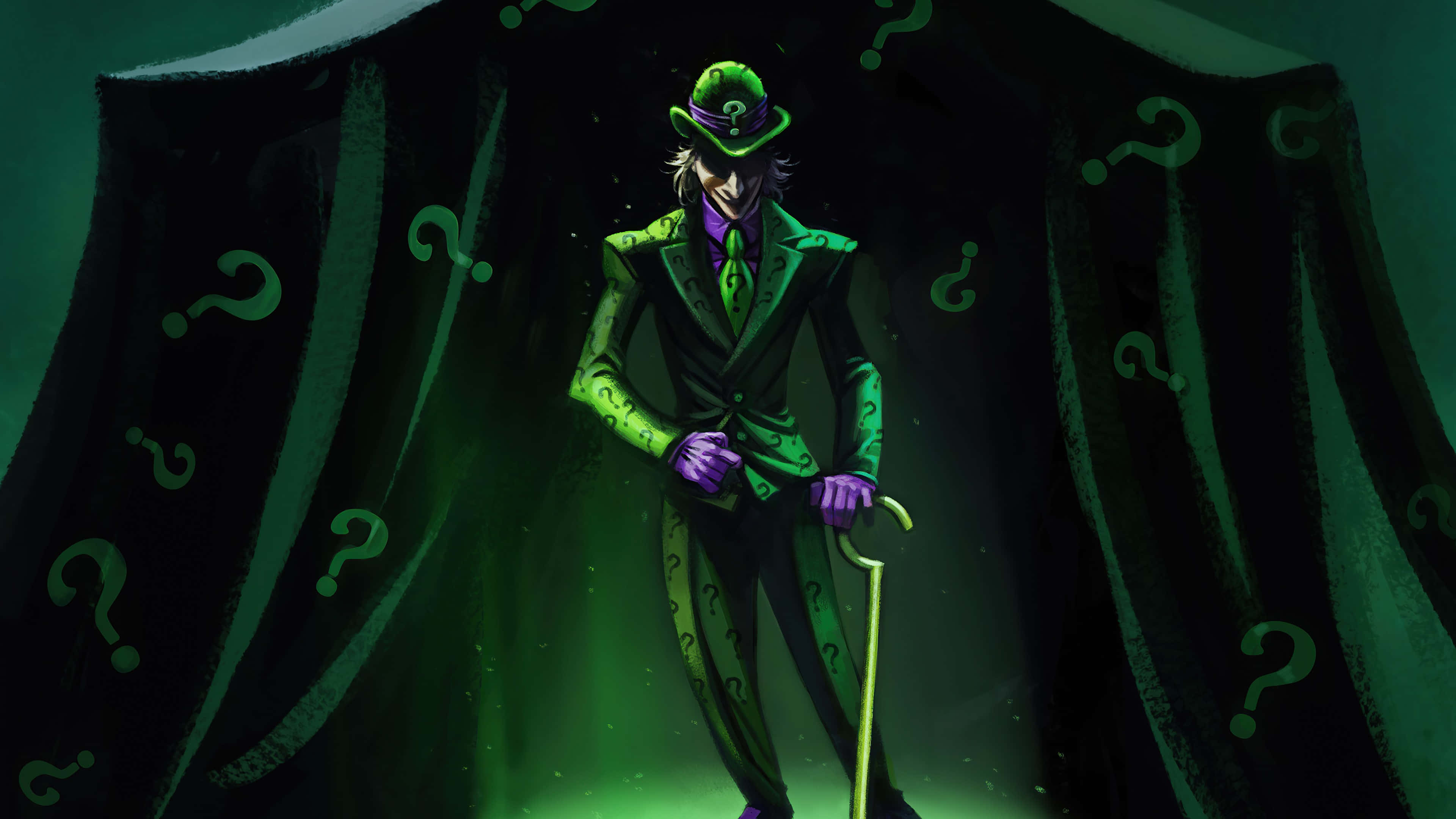 Riddler, green-lit theater, suit adorned with question marks, 4K Desktop Wallpaper