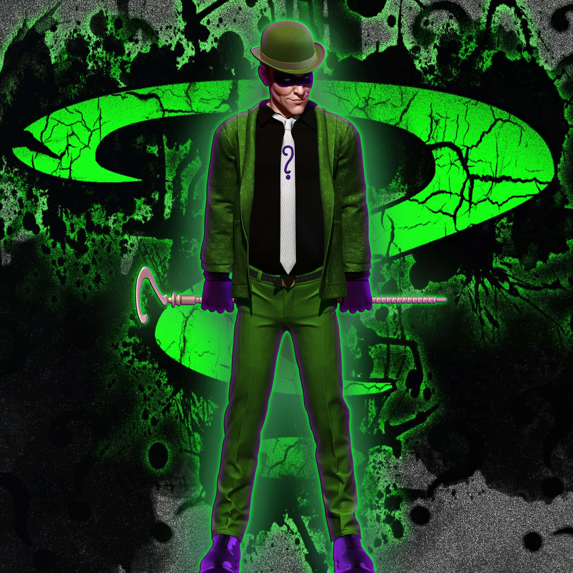 Riddler, glowing green suit, cracked question mark backdrop, Full HD Desktop Wallpaper