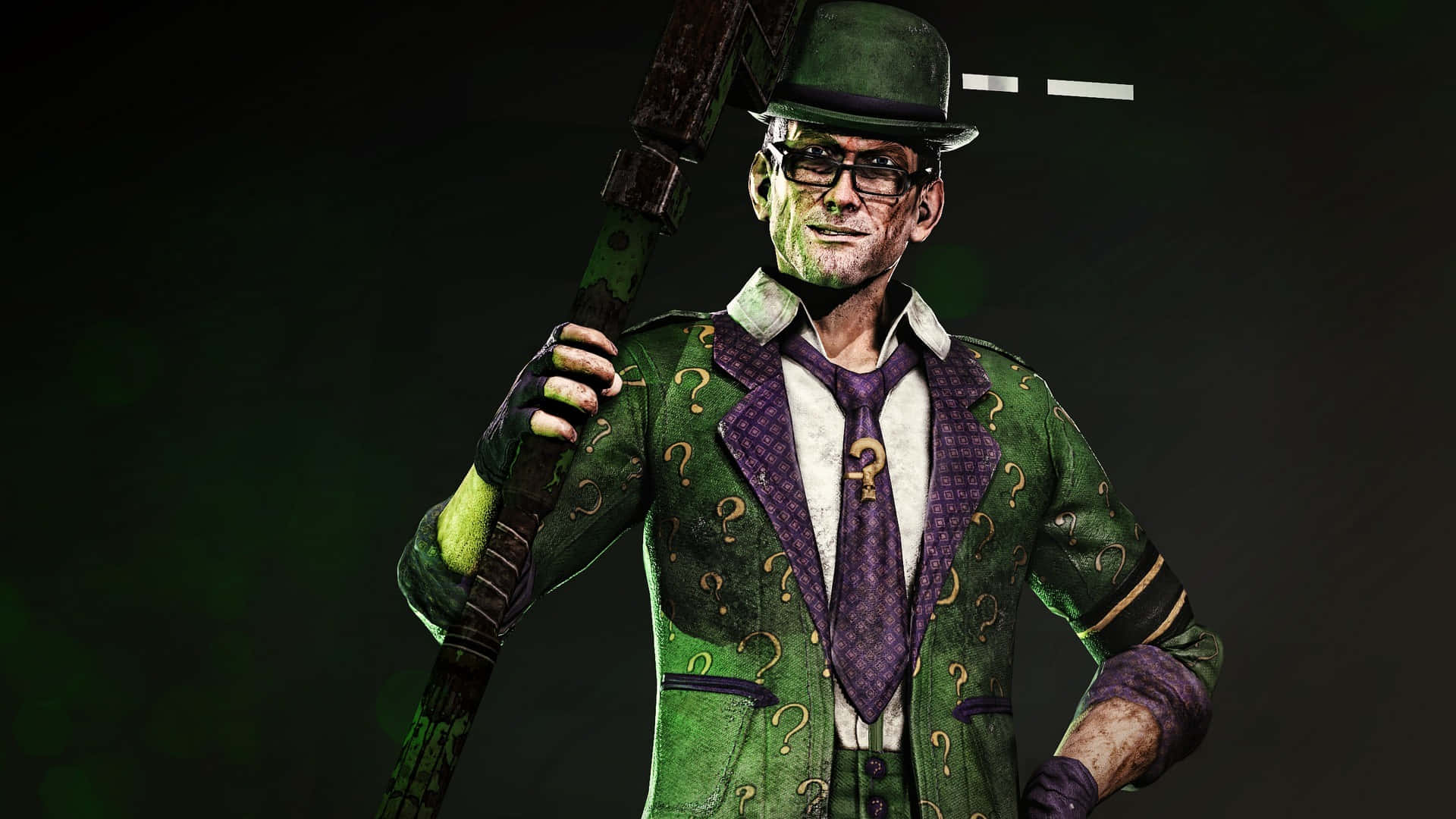 Riddler, green question-mark suit, top hat, Full HD Desktop Wallpaper