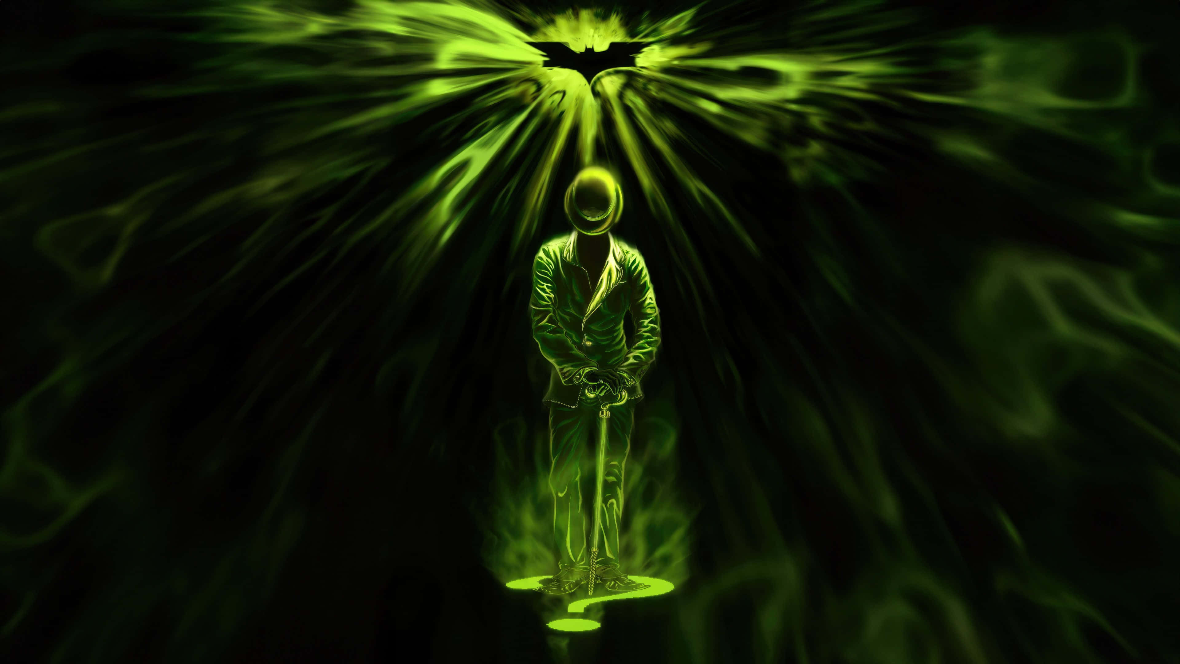 green silhouette, man in a suit, radiant bat symbol, 4K Desktop Wallpaper