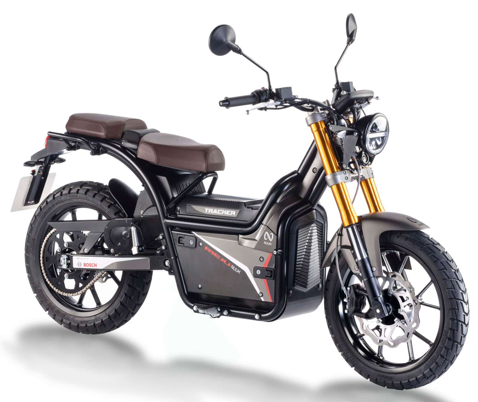 Rieju, sleek black and gold electric scooter, brown leather seats, HD Desktop Wallpaper