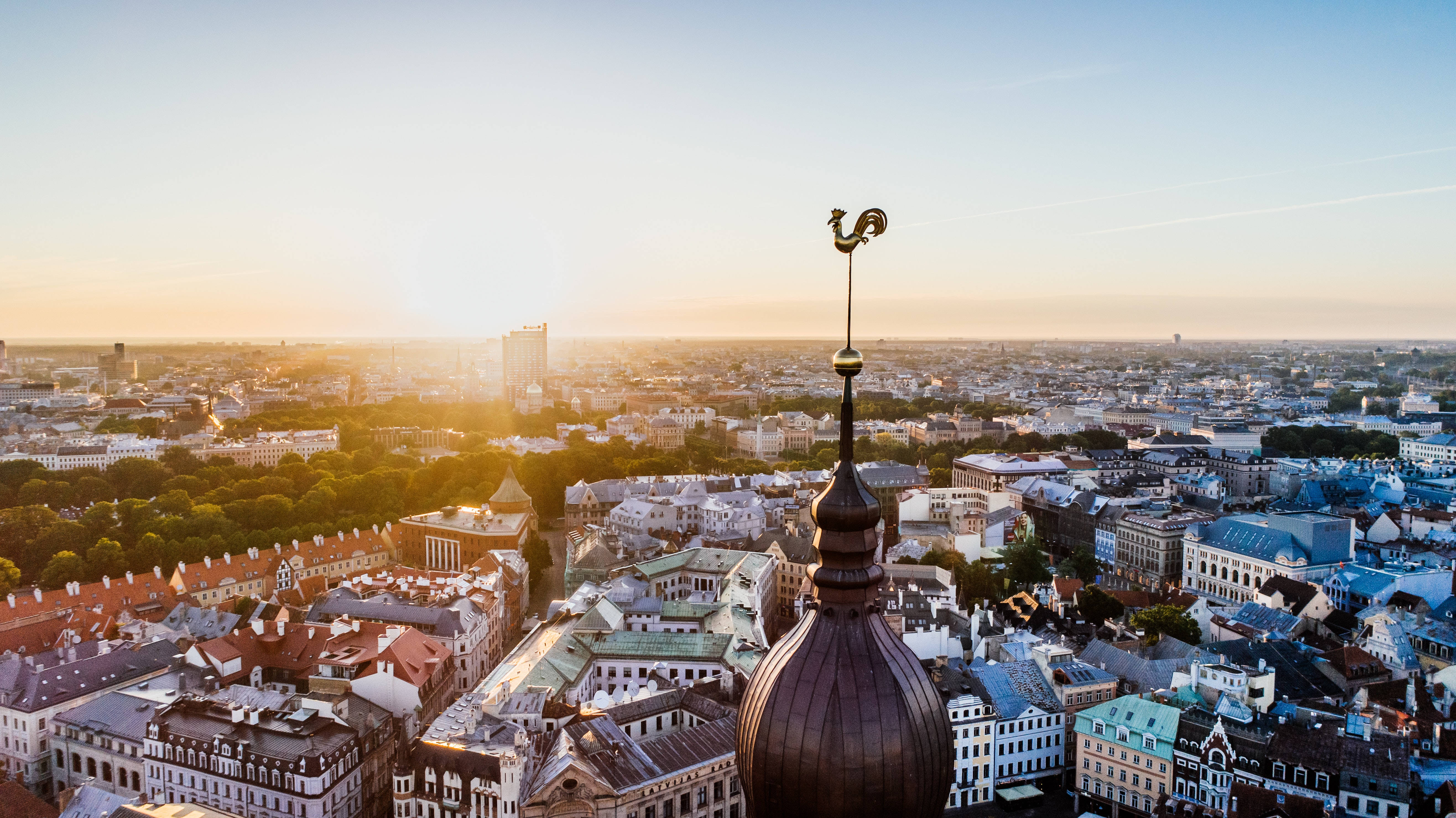 Riga, golden sunset, rooster weather vane, 5K Desktop Wallpaper