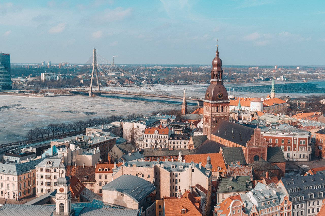 Riga, sunset, city skyline, HD Desktop Wallpaper