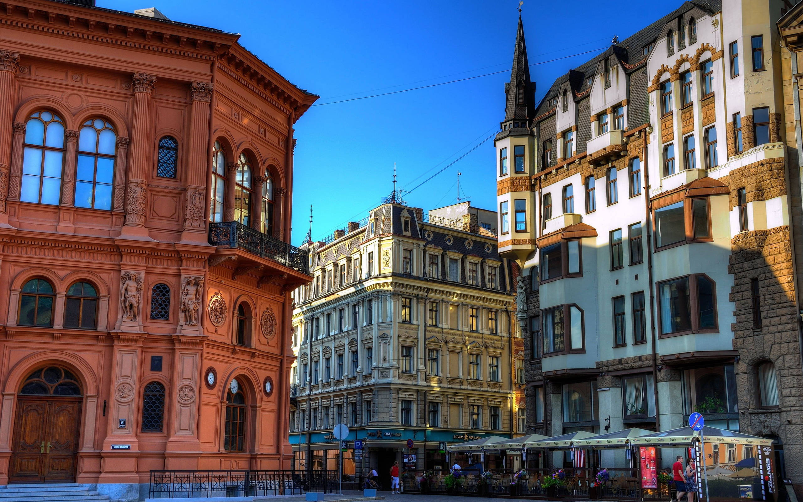 Riga, European street, ornate red building, 2K Desktop Wallpaper