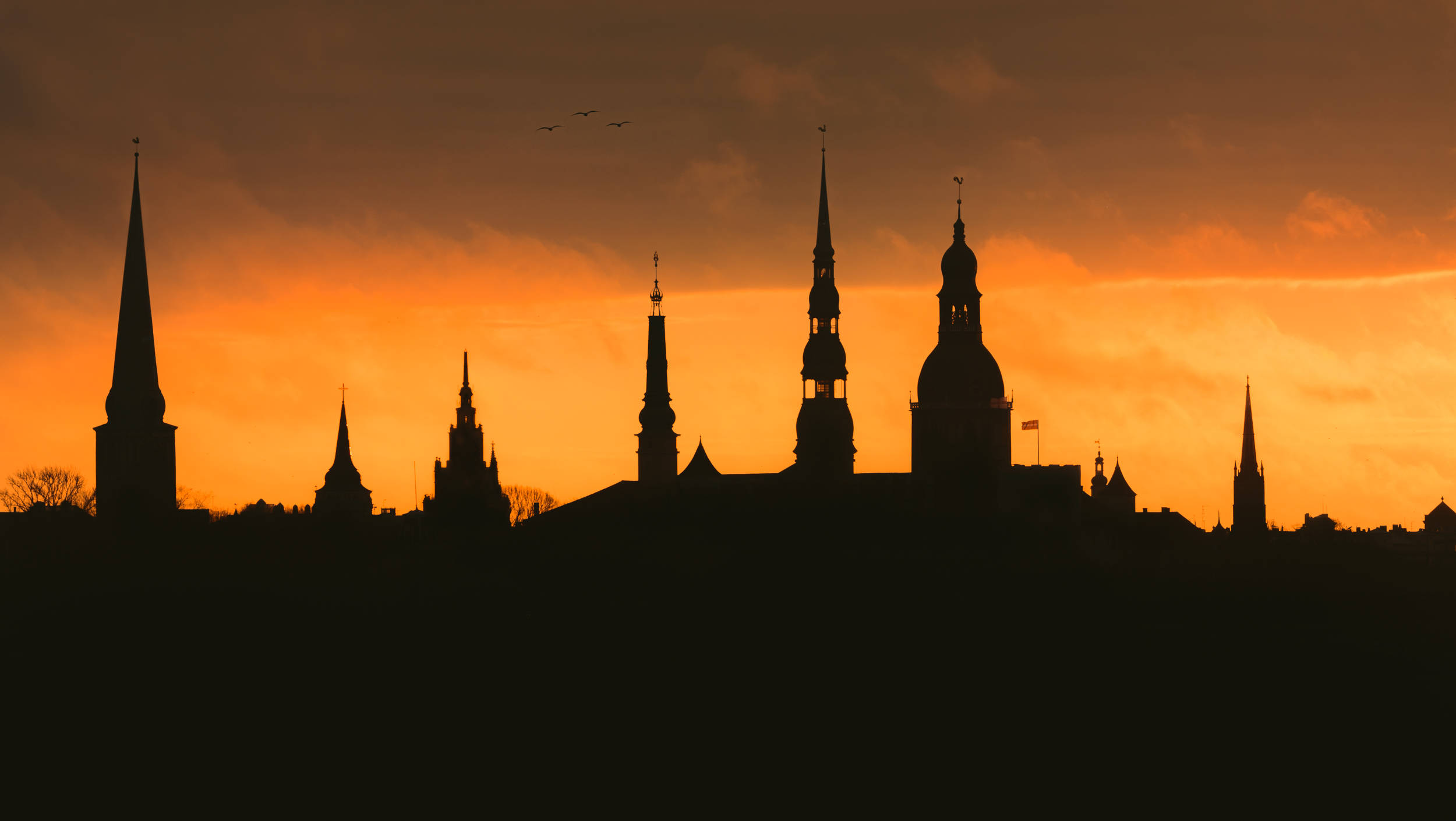 Riga, steeples, sunset, Full HD Desktop Wallpaper