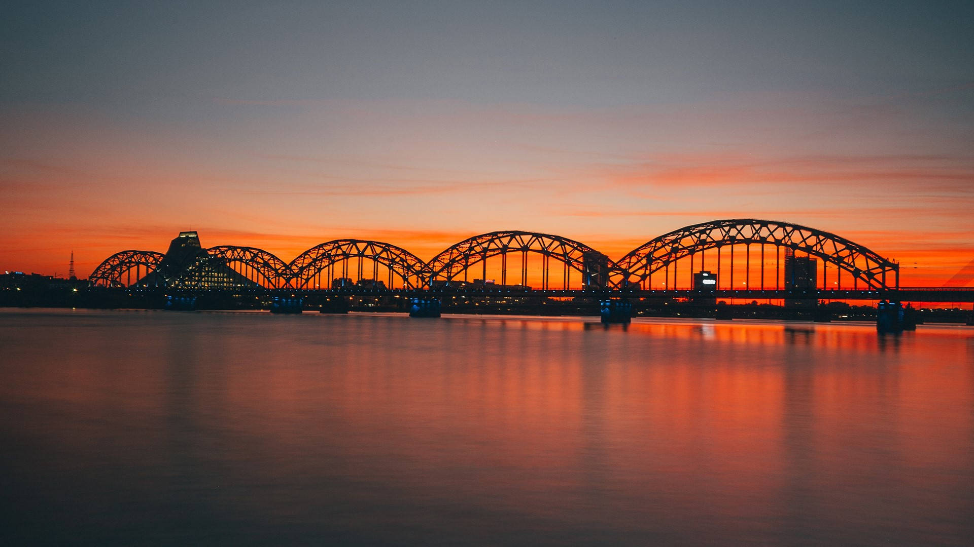 Riga, railway beach, arched bridge, Full HD Desktop Wallpaper
