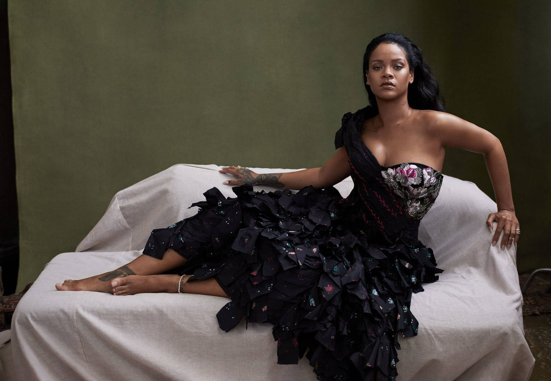 Rihanna, white draped couch, dramatic black ruffled gown, Full HD Desktop Wallpaper