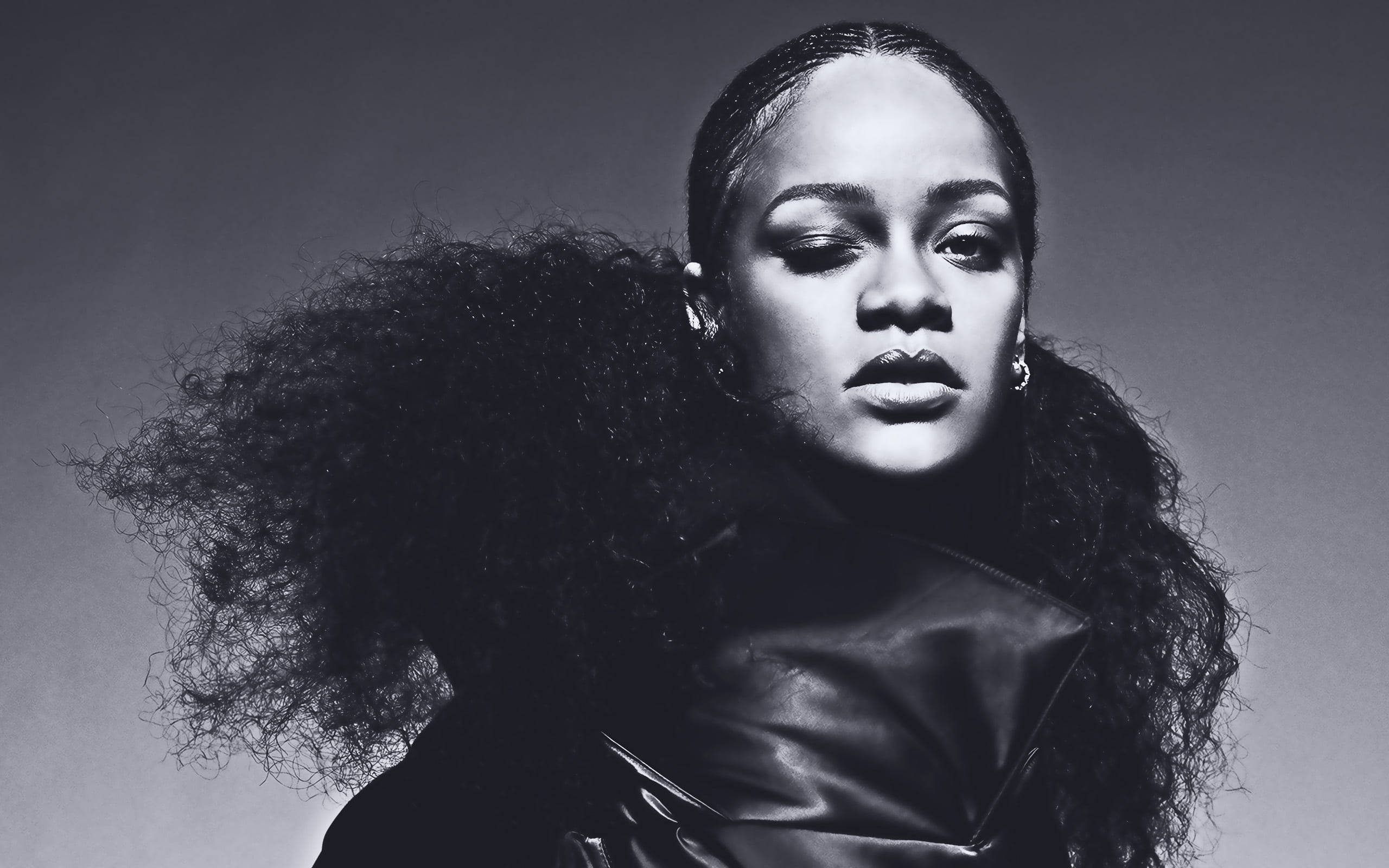Rihanna, curly hair, black and white portrait, 2K Desktop Wallpaper