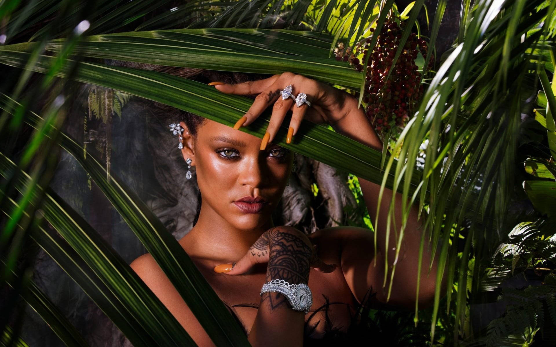 Rihanna HD, green plants, lush green palm fronds, Full HD Desktop Wallpaper