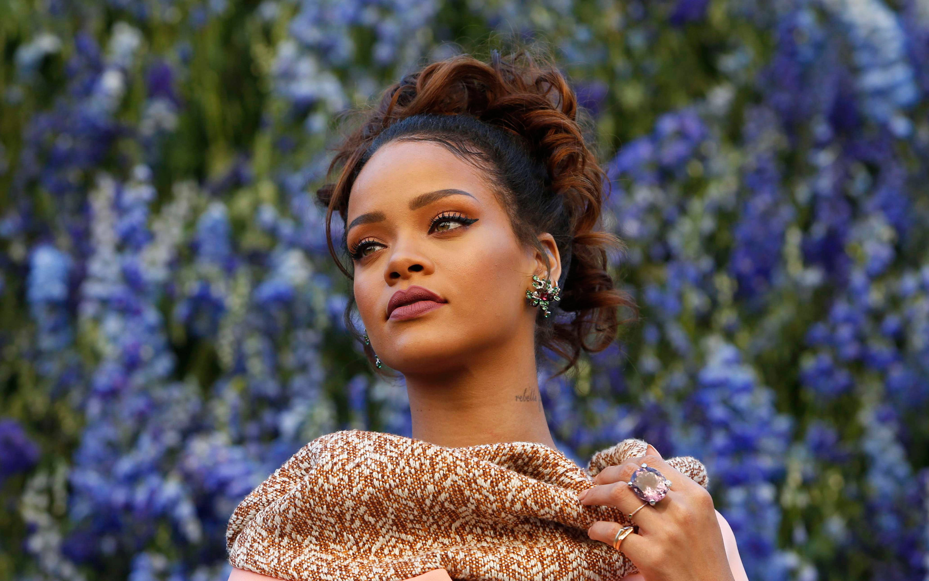 Rihanna, blue flowers, vibrant blue, 4K Desktop Wallpaper