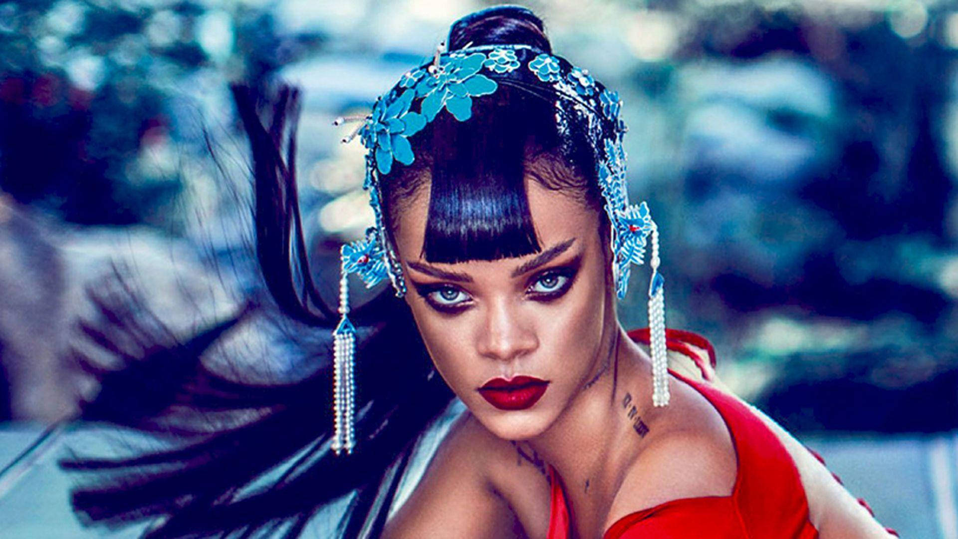 Rihanna, blue floral headpiece, bold red lips, Full HD Desktop Wallpaper