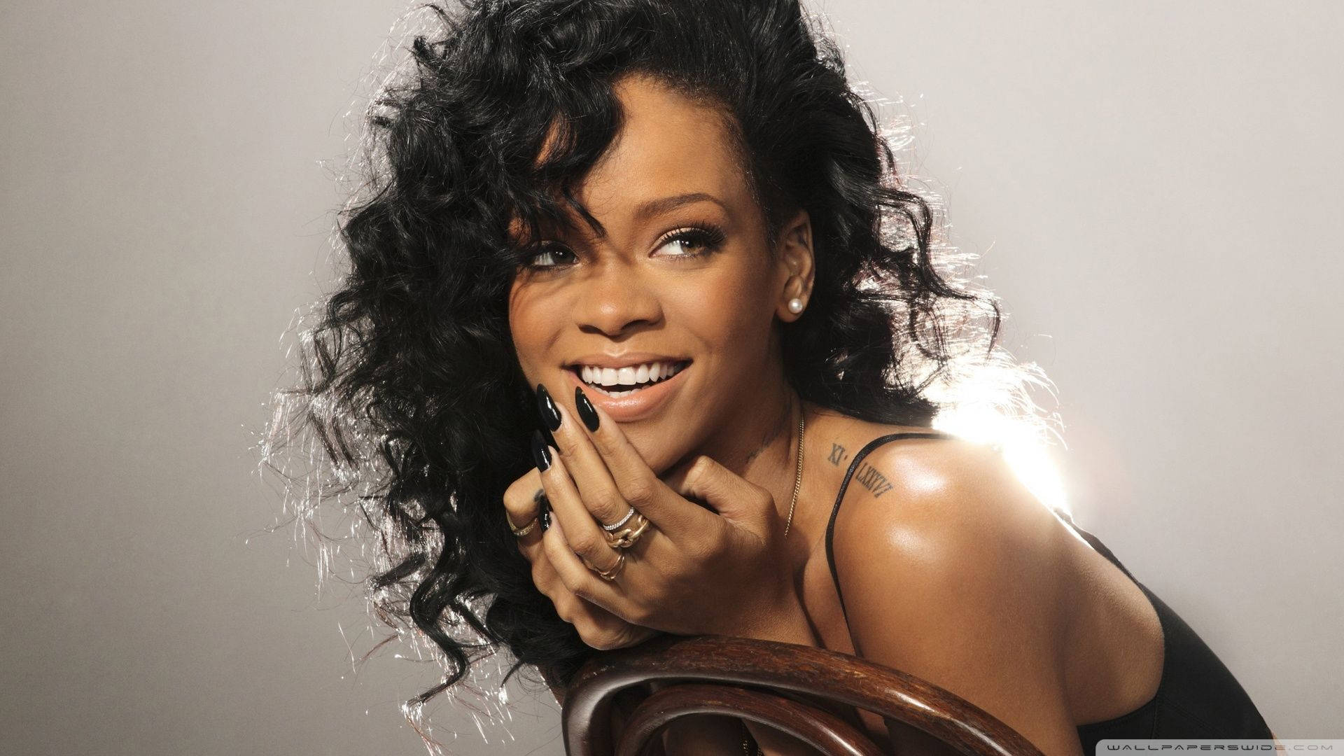 Rihanna, black curly hair, green nails, Full HD Desktop Wallpaper