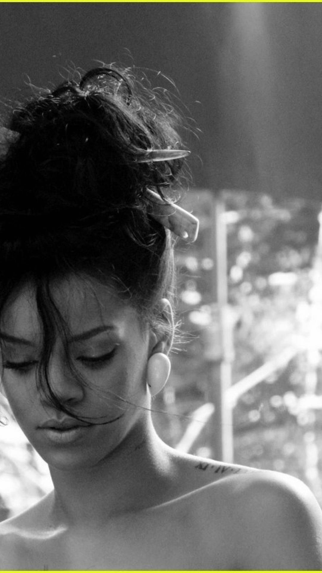 Rihanna, black and white portrait, eyes closed, Full HD Phone Wallpaper