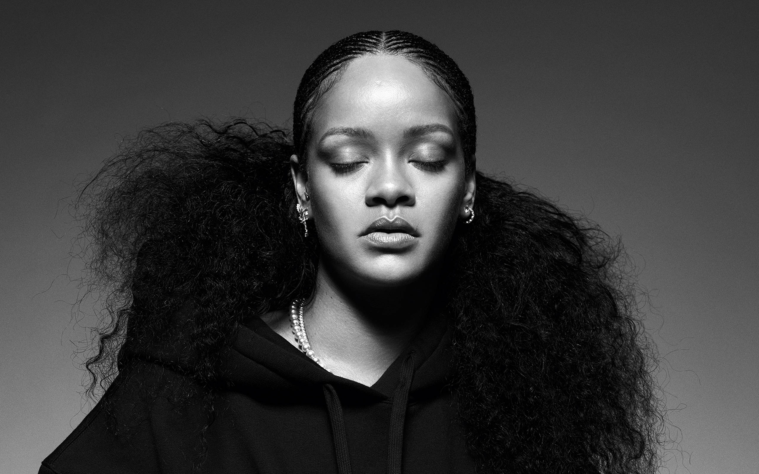 Rihanna, black and white portrait, closed eyes, 2K Desktop Wallpaper
