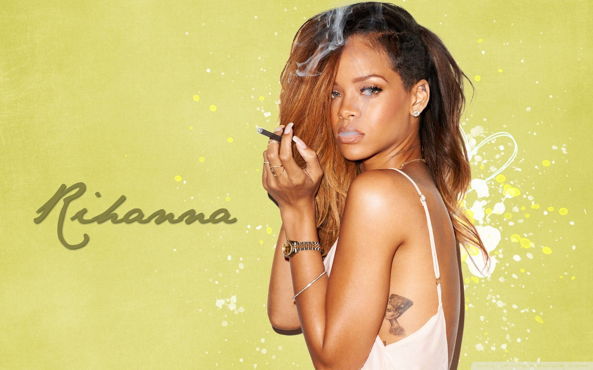 Rihanna, white dress, lime green background, Full HD Desktop Wallpaper