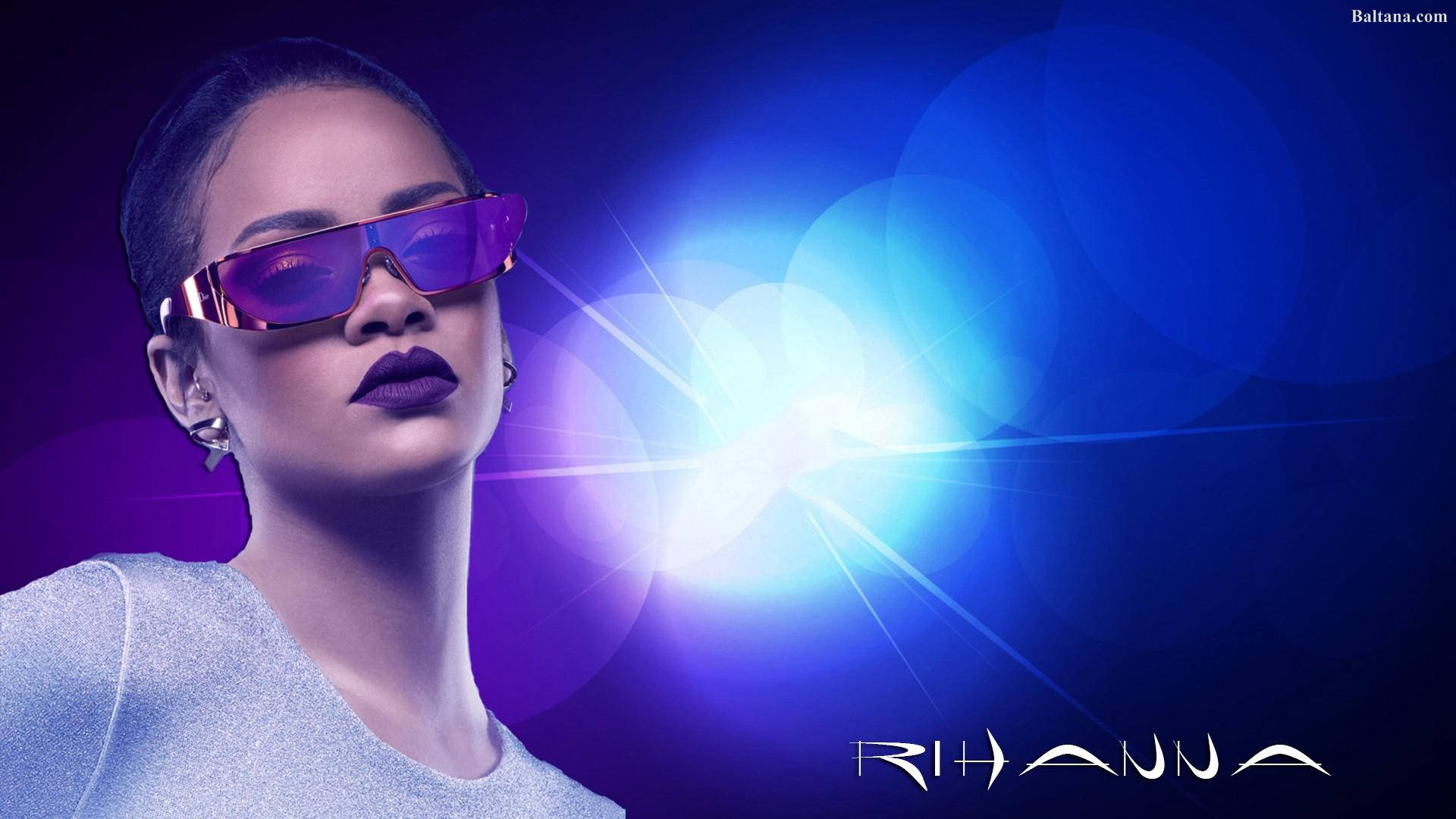 Rihanna, purple sunglasses, vibrant blue light burst background, Full HD Desktop Wallpaper
