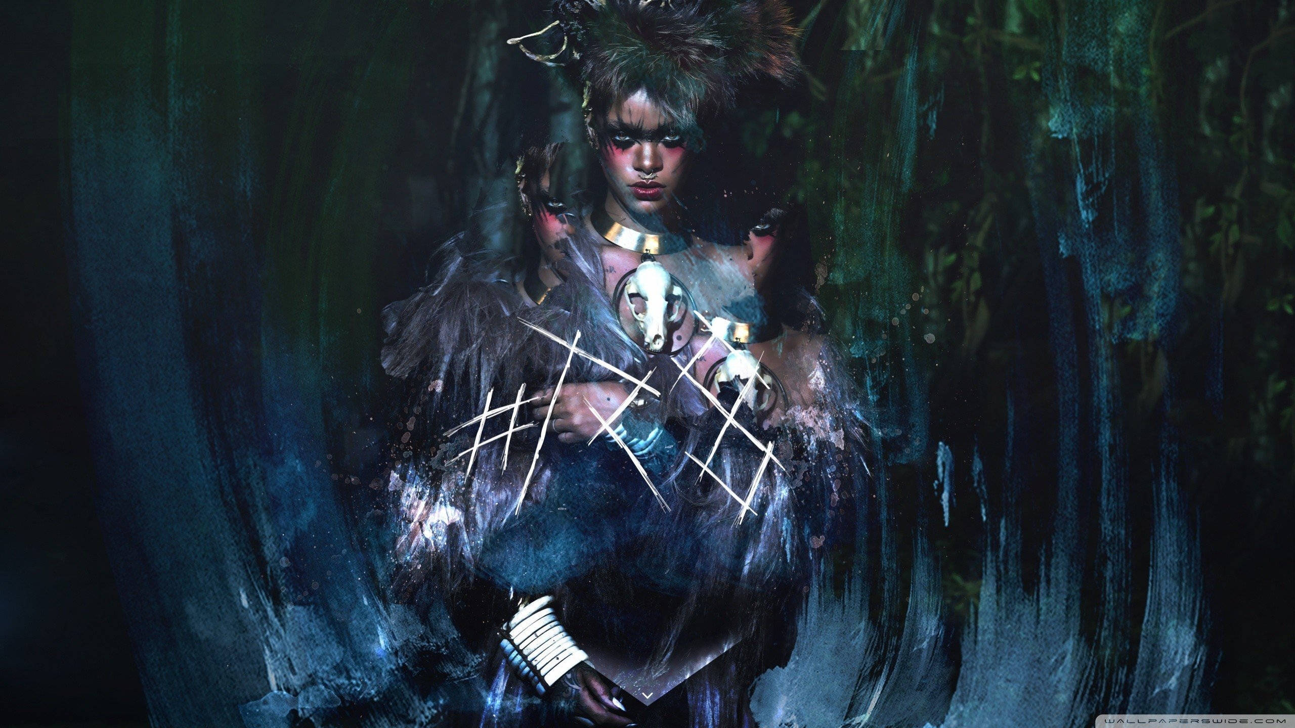 Rihanna, glowing eyes, feathered headdress, 2K Desktop Wallpaper
