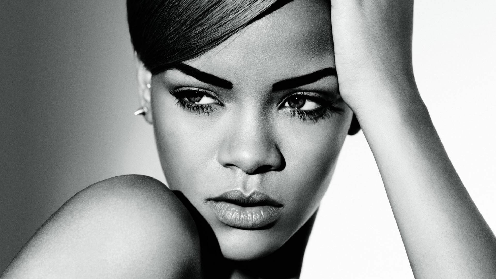 Rihanna, black and white portrait, one hand resting on her head, Full HD Desktop Wallpaper