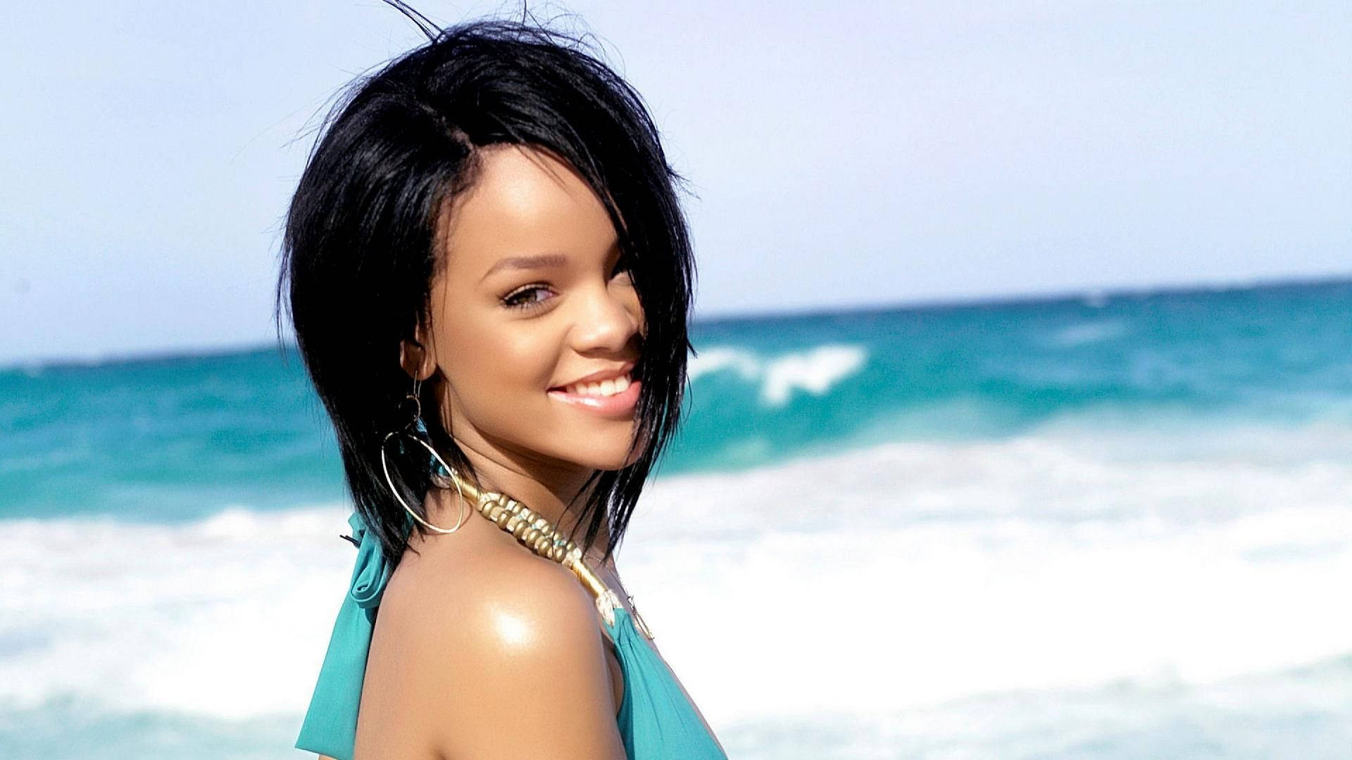 Rihanna, beach photo shoot, turquoise bikini, Full HD Desktop Wallpaper