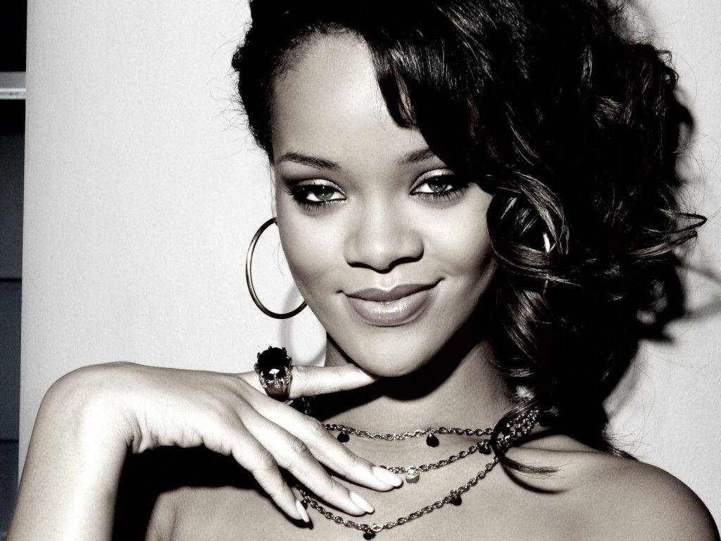 Rihanna, black and white portrait, voluminous curls, SD Desktop Wallpaper