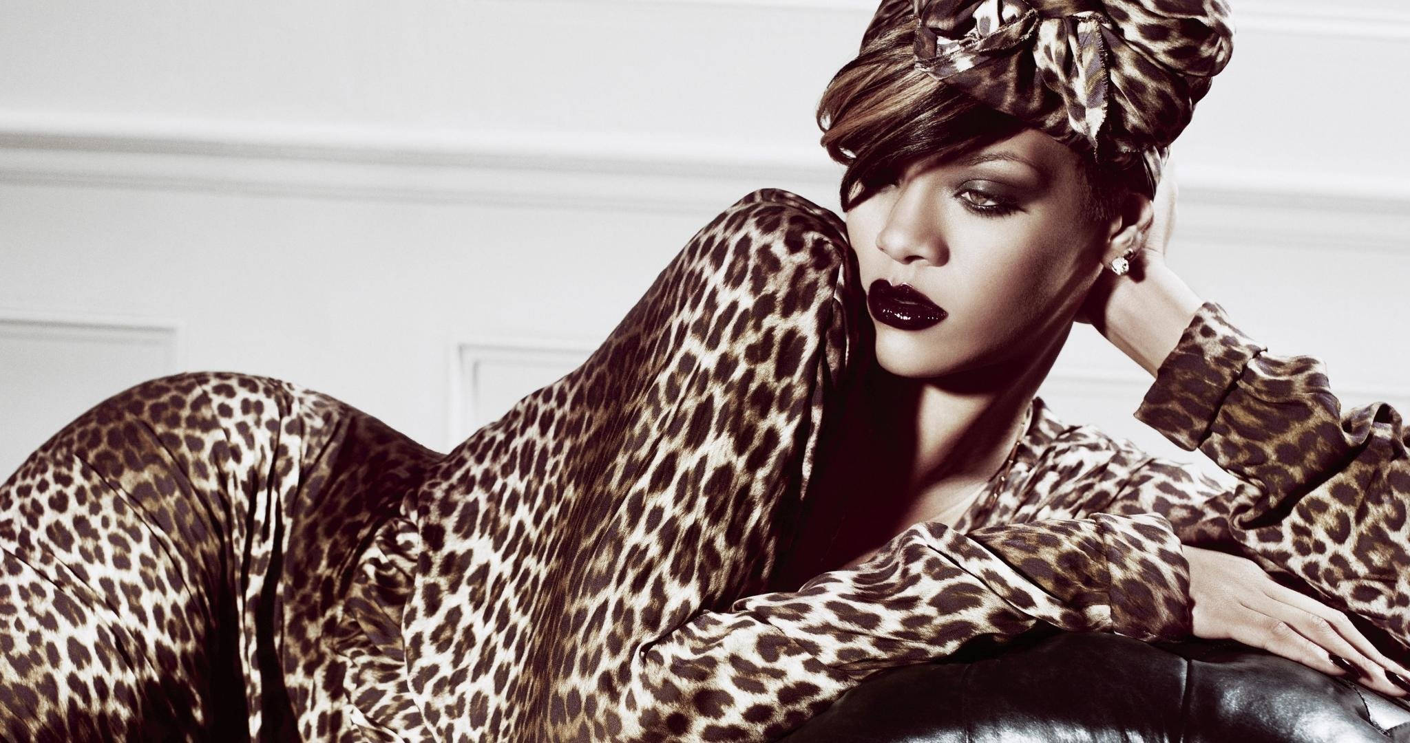 Rihanna, leopard print outfit, matching headwrap, Full HD Desktop Wallpaper
