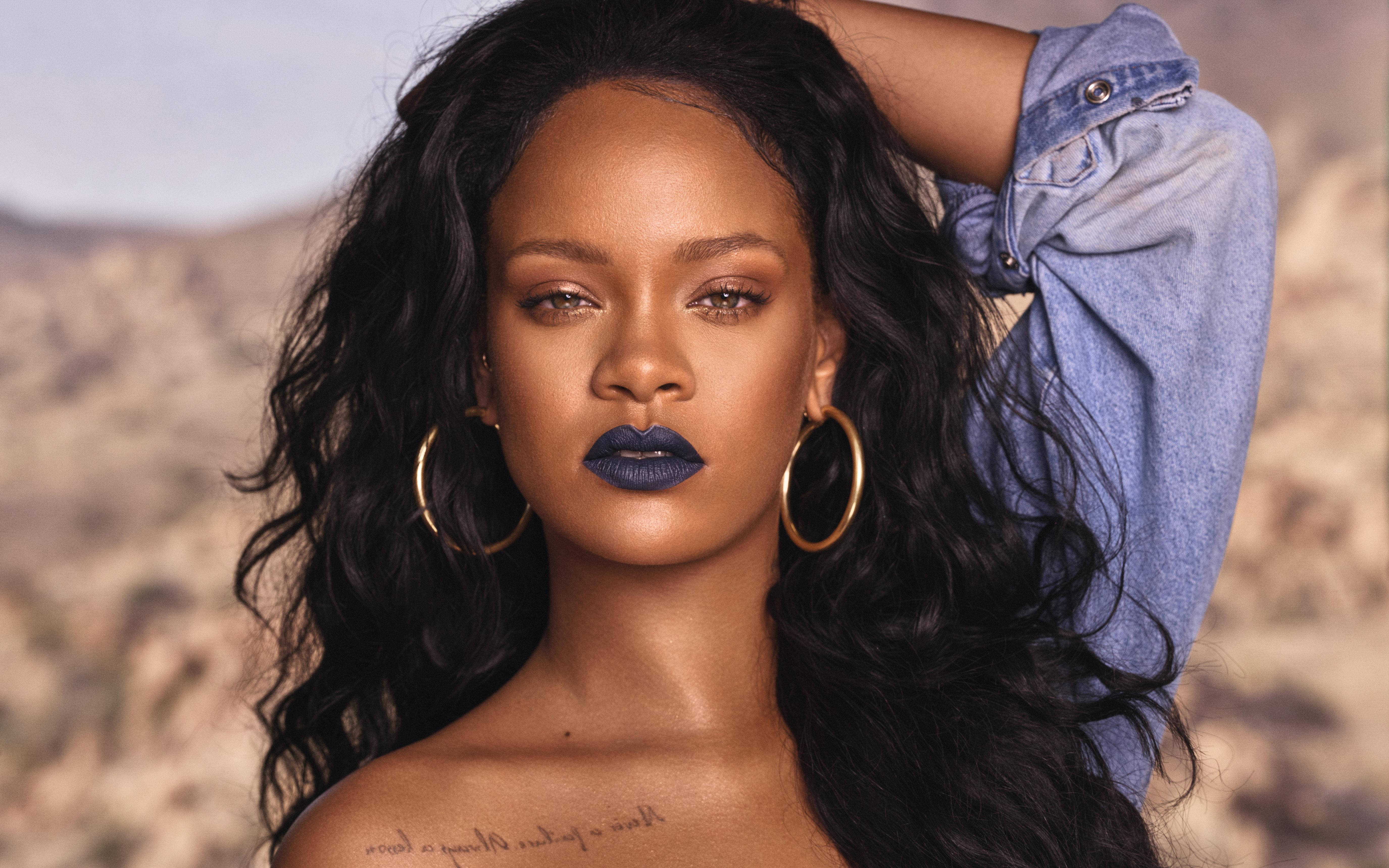 Rihanna, HD denim shirt, dark blue lipstick, 5K Desktop Wallpaper