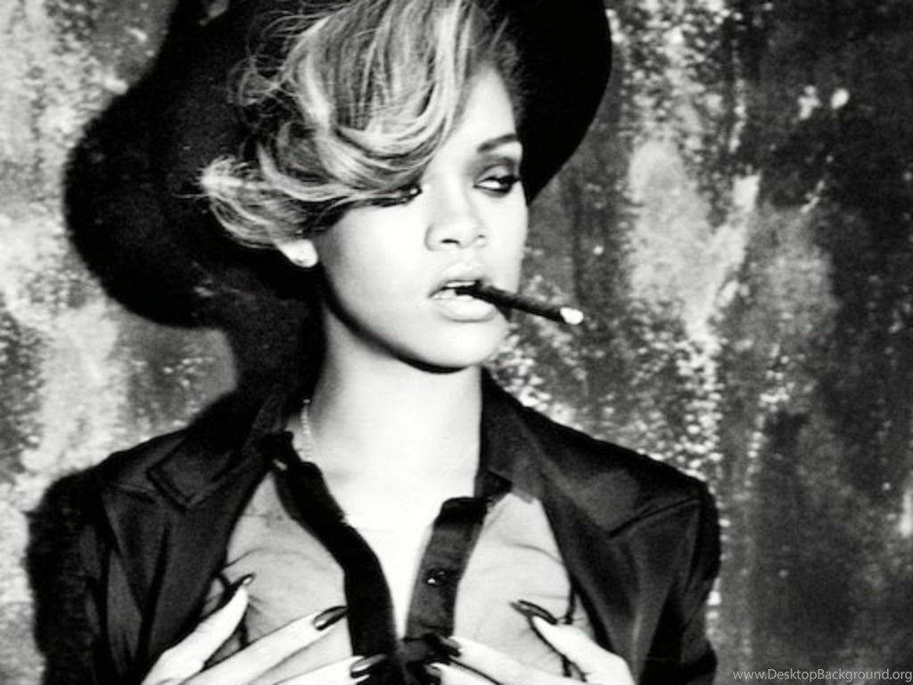 Rihanna, black and white portrait, wide-brimmed hat, SD Desktop Wallpaper