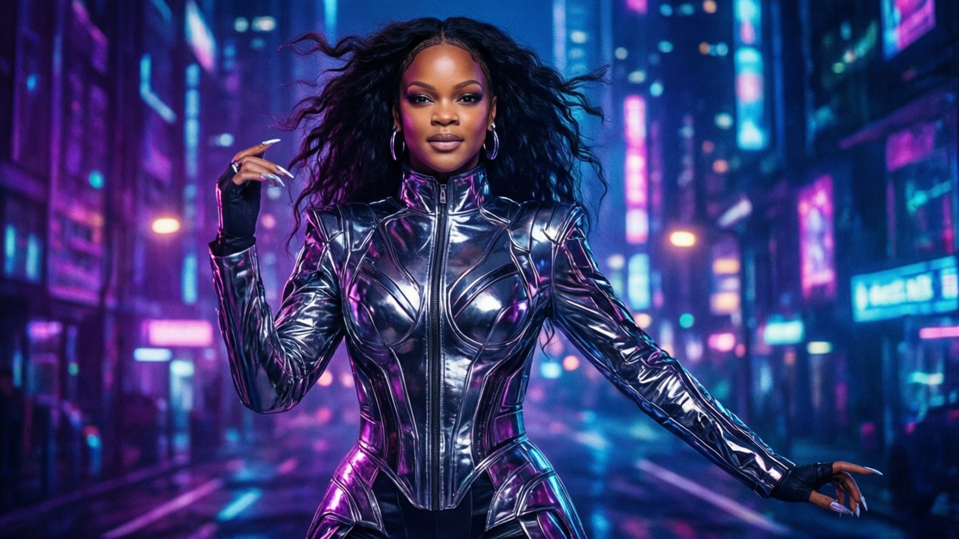 neon-lit cyberpunk city street, shiny silver futuristic suit, night, Full HD Desktop Wallpaper