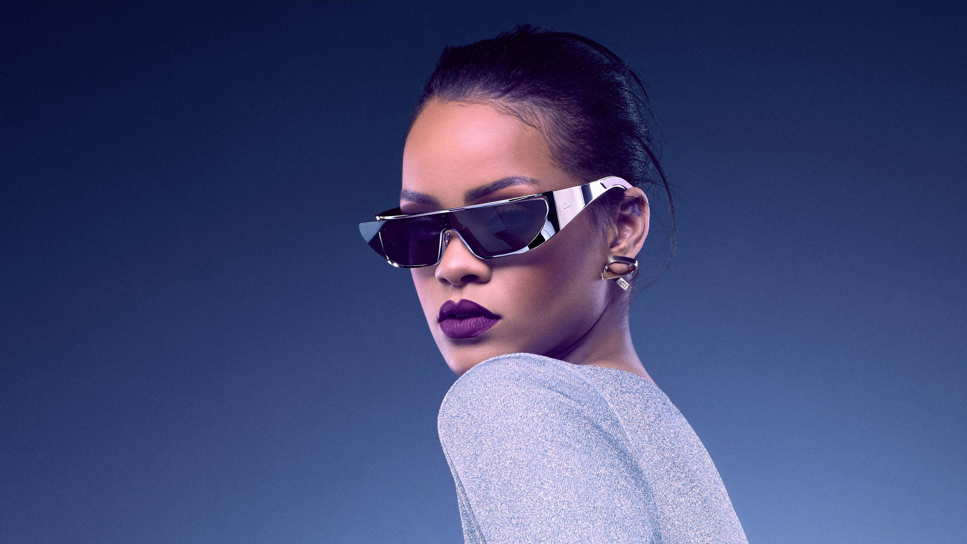 Rihanna, futuristic sunglasses, bold purple lips, 2K Desktop Wallpaper