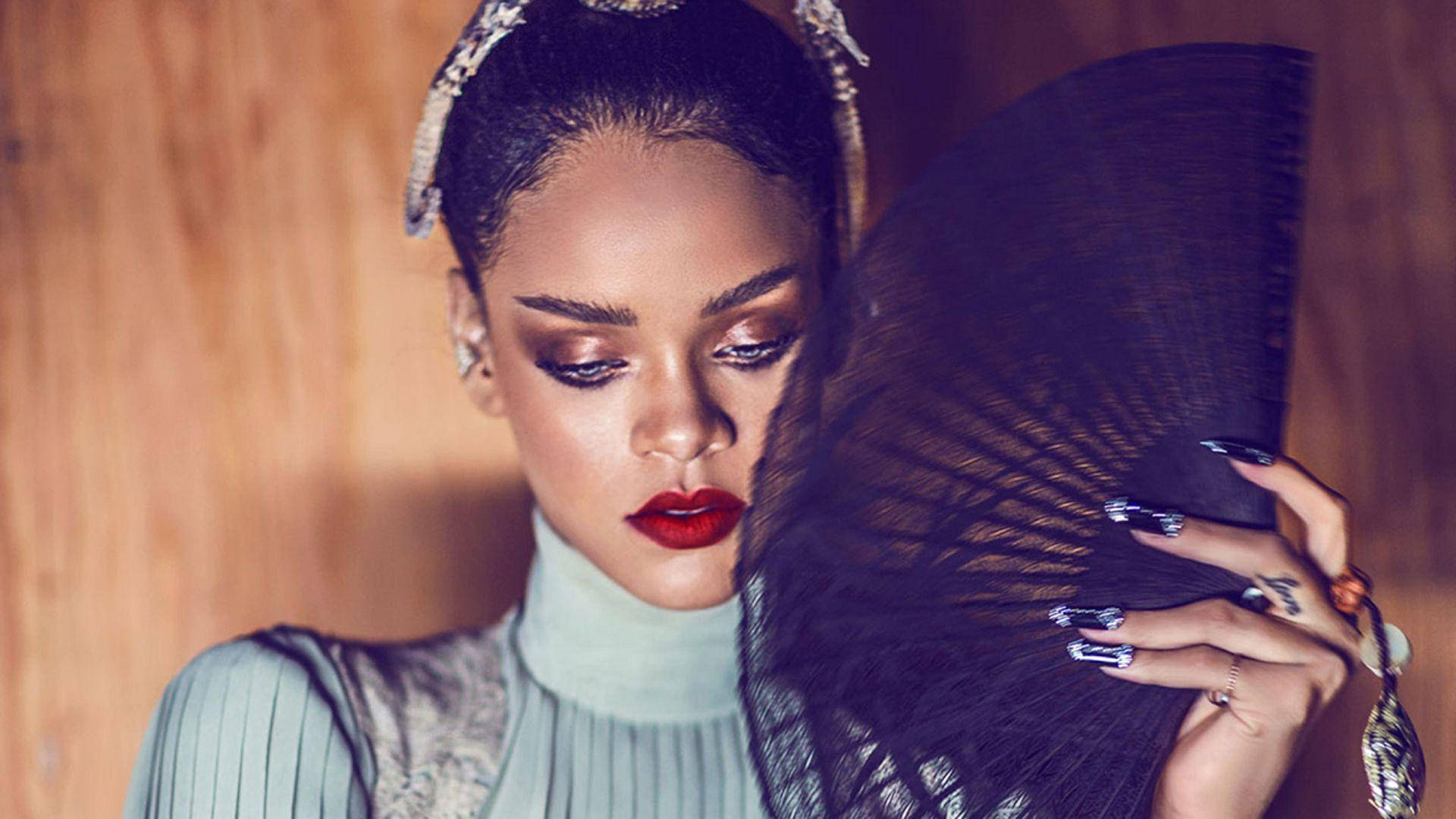 Rihanna, red lips, gold eye makeup, Full HD Desktop Wallpaper