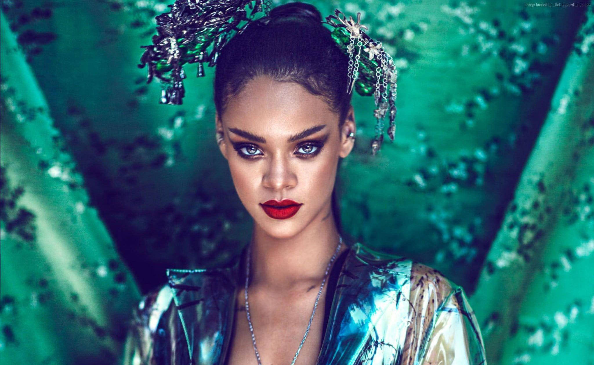 Rihanna, bold red lips, ornate silver headpiece, Full HD Desktop Wallpaper