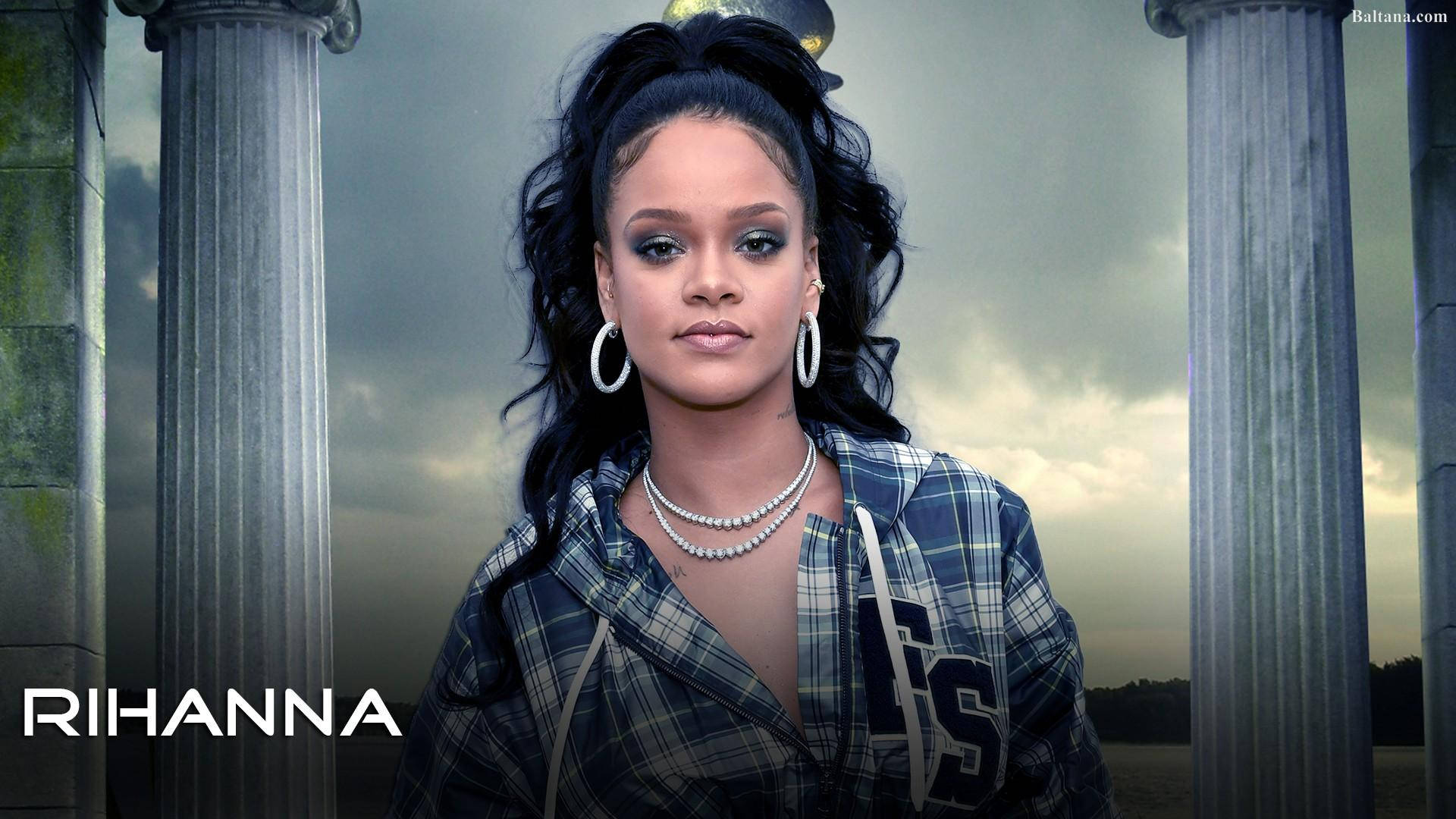 Rihanna, ancient stone columns, moody overcast sky, Full HD Desktop Wallpaper