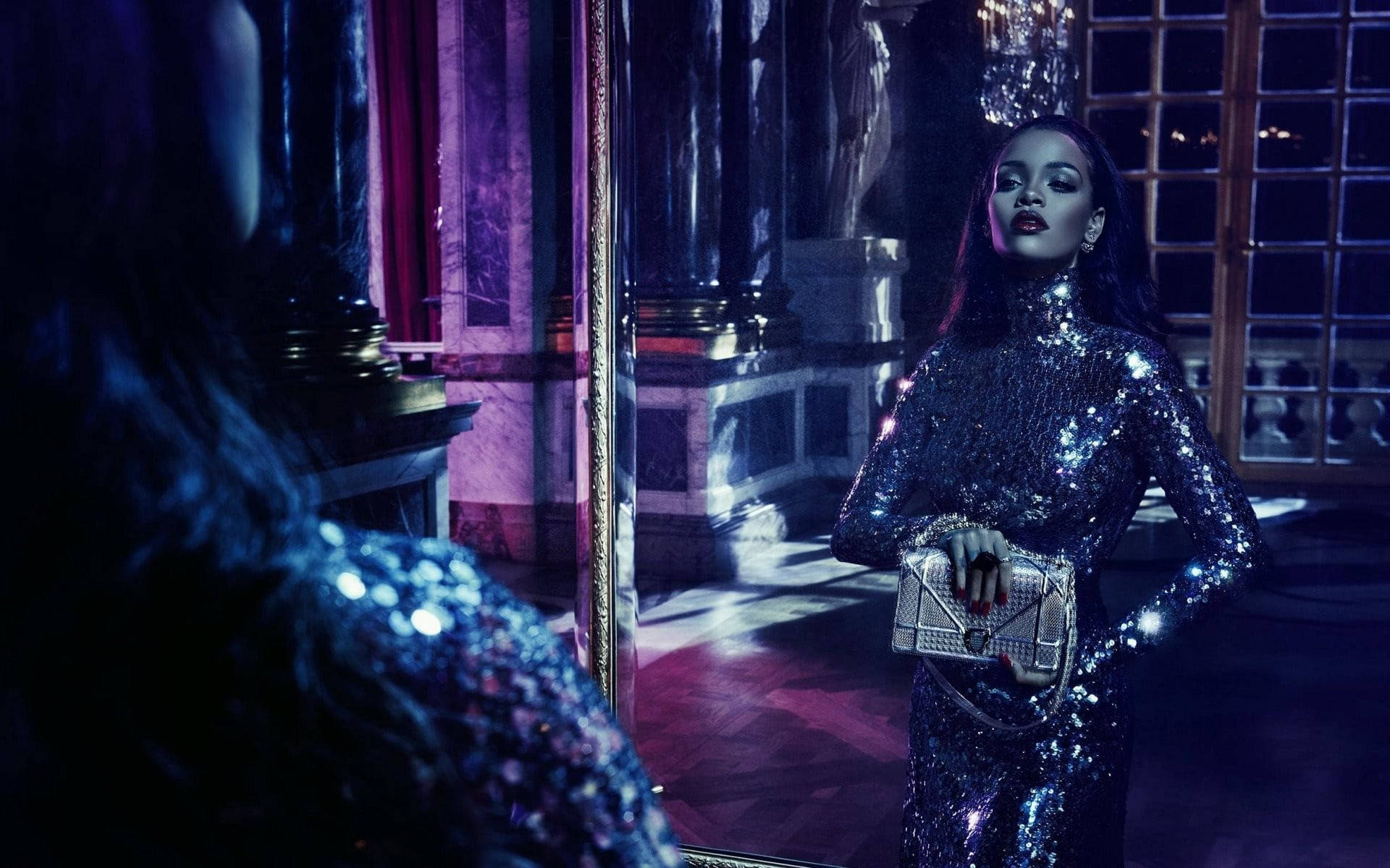 Rihanna, sparkling silver sequined gown, dimly lit opulent room, Full HD Desktop Wallpaper