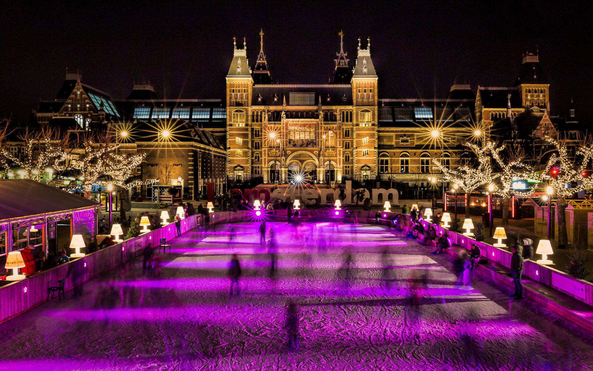 Rijksmuseum, pond, pink lights, Full HD Desktop Wallpaper