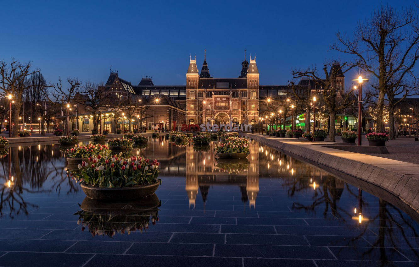 Rijksmuseum, pond, dusk, HD Desktop Wallpaper