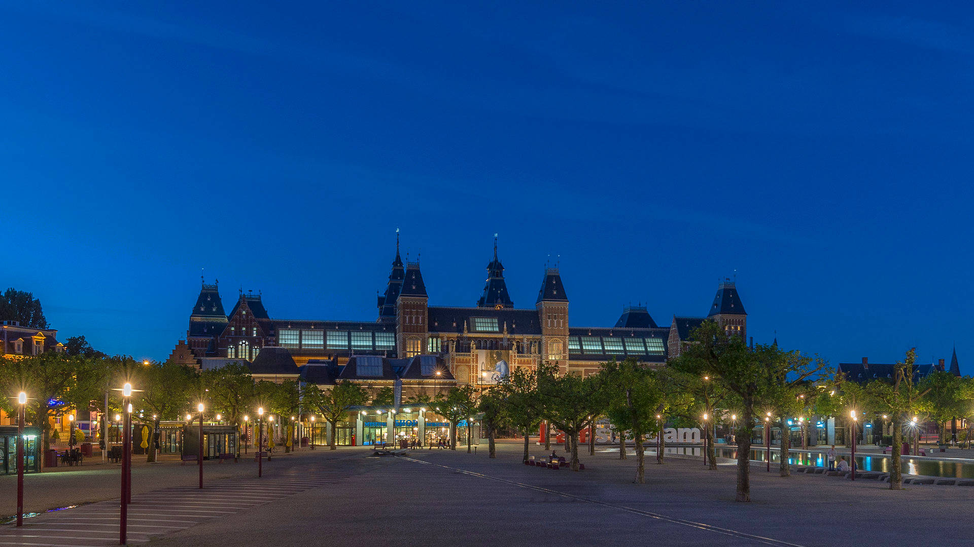 Rijksmuseum, blue night sky, illuminated towers, Full HD Desktop Wallpaper