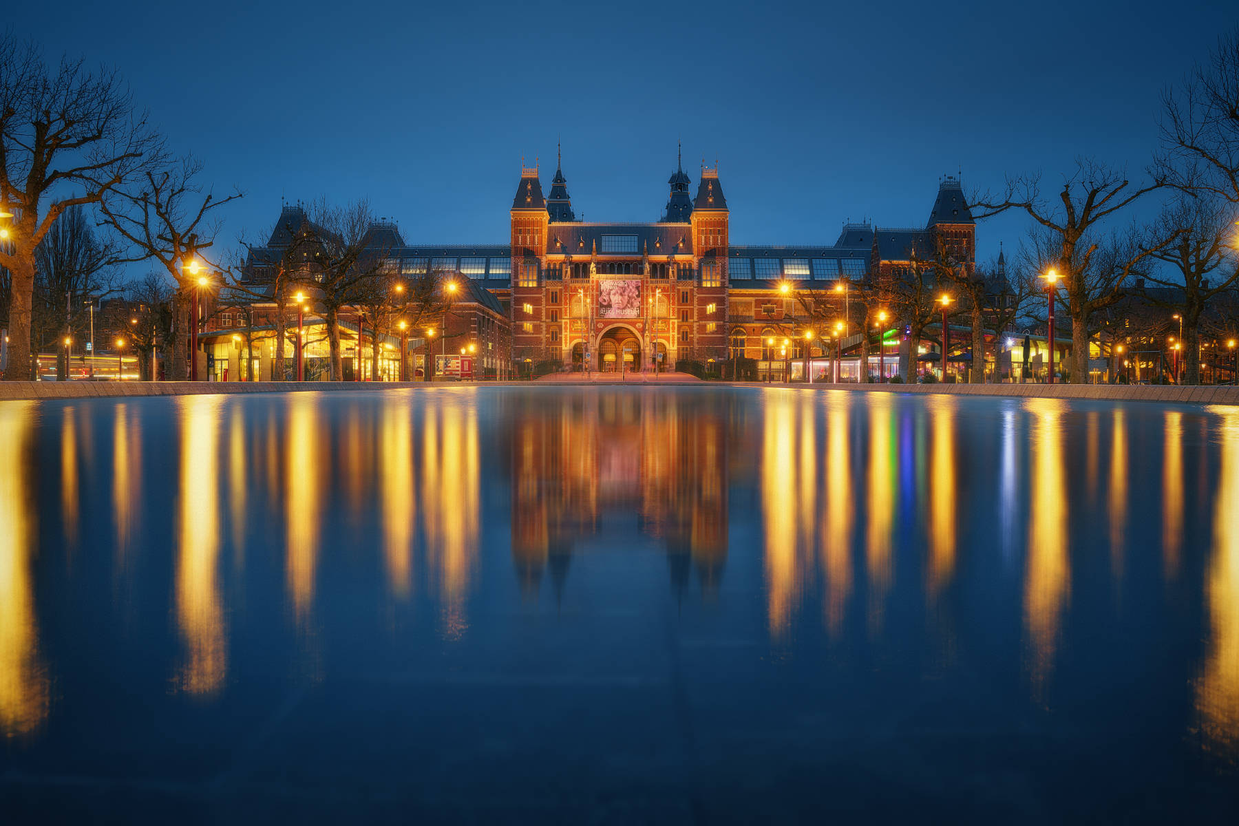 Rijksmuseum, golden lights, dusk, HD Desktop Wallpaper